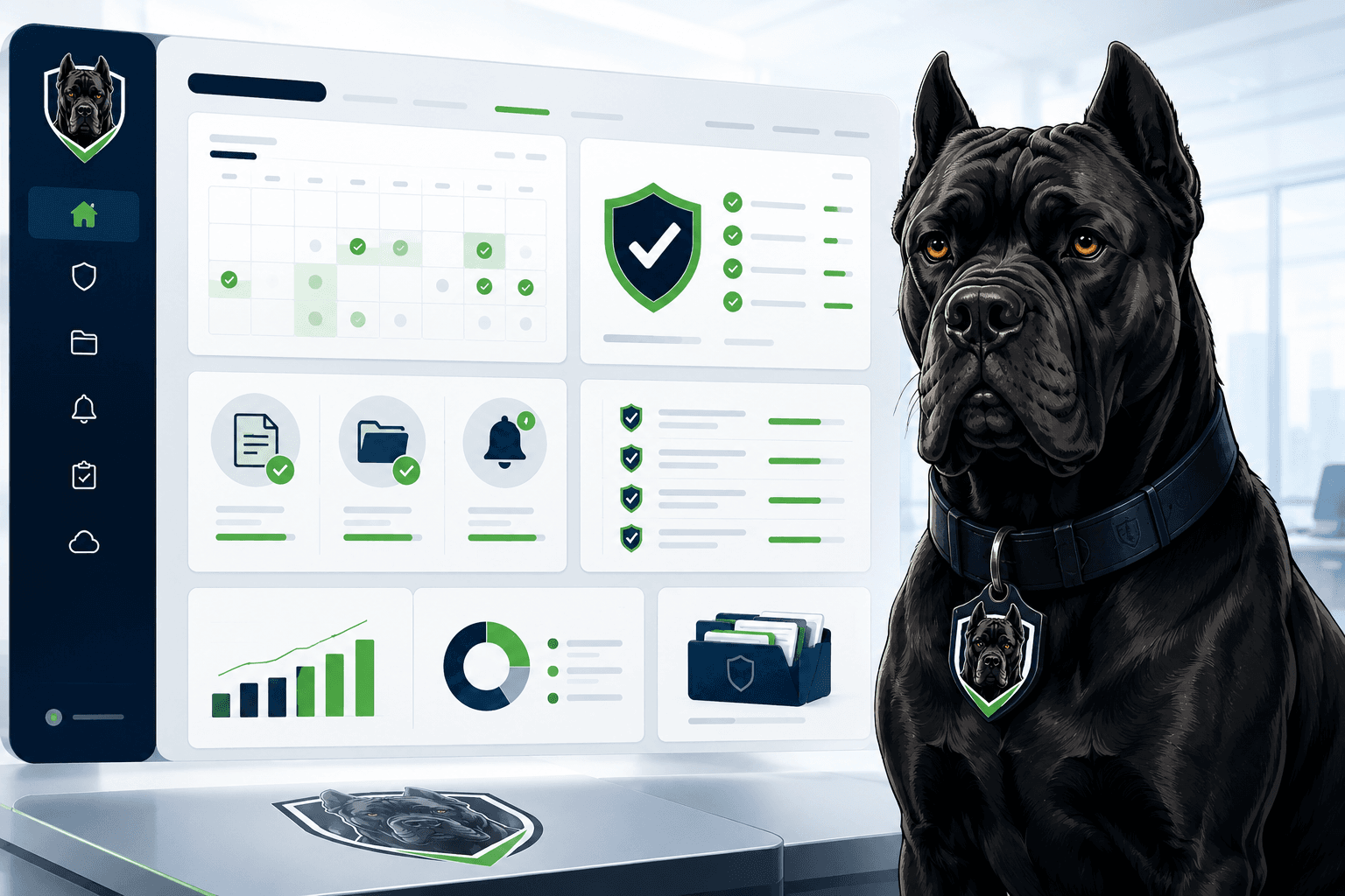 License Guard Dog watching over an organized renewal command center